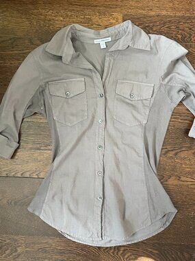 James Perse Gray Cotton Three-Quarter Sleeve Button-Up Shirt-Small/MED